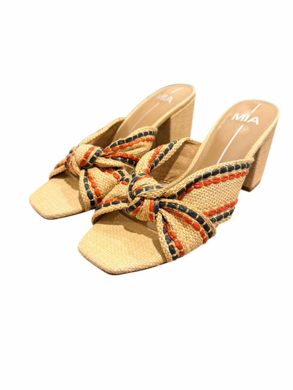 MIA Tan Braided Knot Mules with Red & Navy Trim - Picture 6 of 11